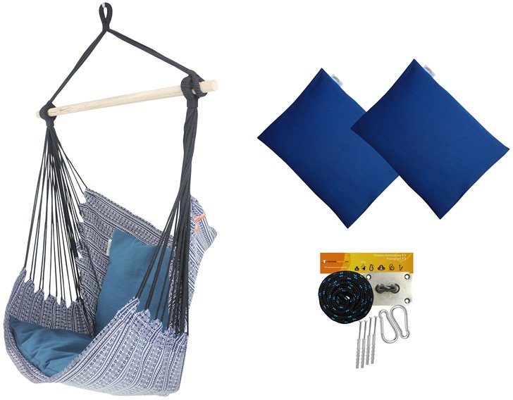 Fotel hamakowy z poduszkami i zestawem montażowym, Granatowy Etno + HP-113 + koala/fix/ch2