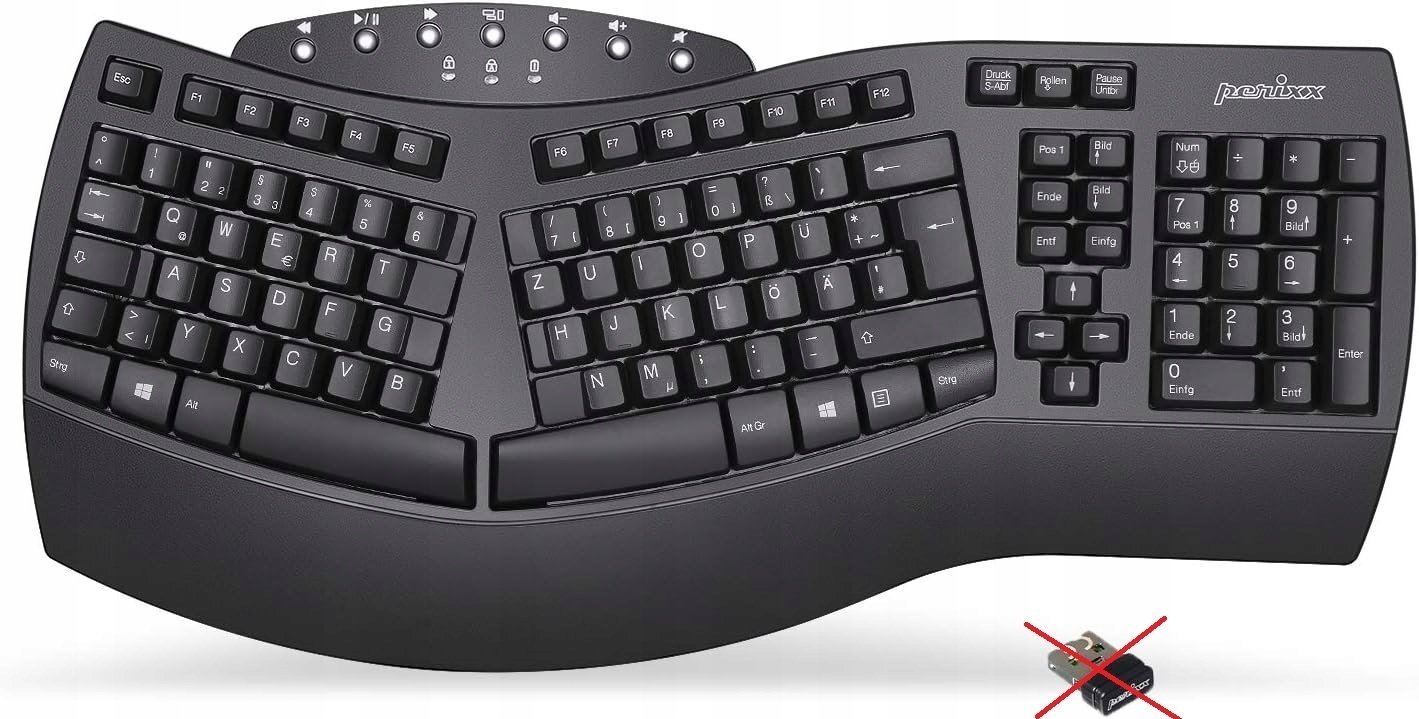 Klawiatura Perixx Perixx PERIBOARD-612B DE, ergonomic keyboard, dual mode, wireless/Bluetooth, Windows/Mac, black