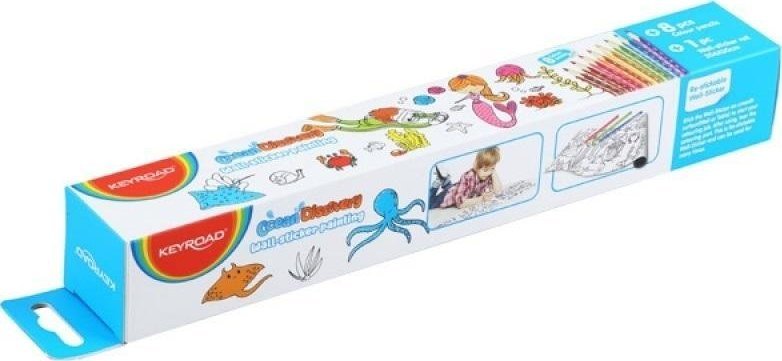 Keyroad Naklejka na ścianę KEYROAD Ocean, do kolorowania, 206x30cm + 8 kredek, mix kolorów