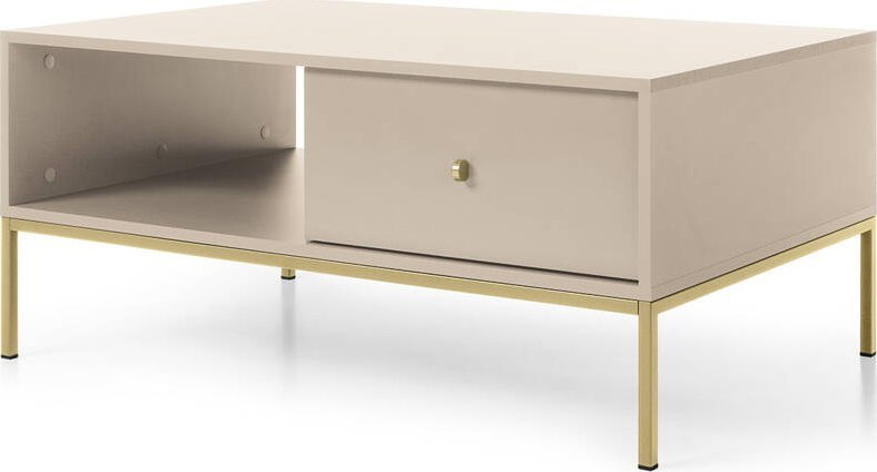 Ravio Prostokątna ława Bari z dwoma szufladami beżowa + złote nóżki