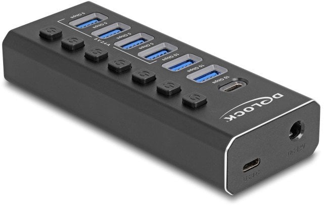 DELOCK 7 Port USB Hub mit 4 Ports 10 Gbps und 4 Schnellladeports 5 Gbps mit Schalter und Beleuchtung