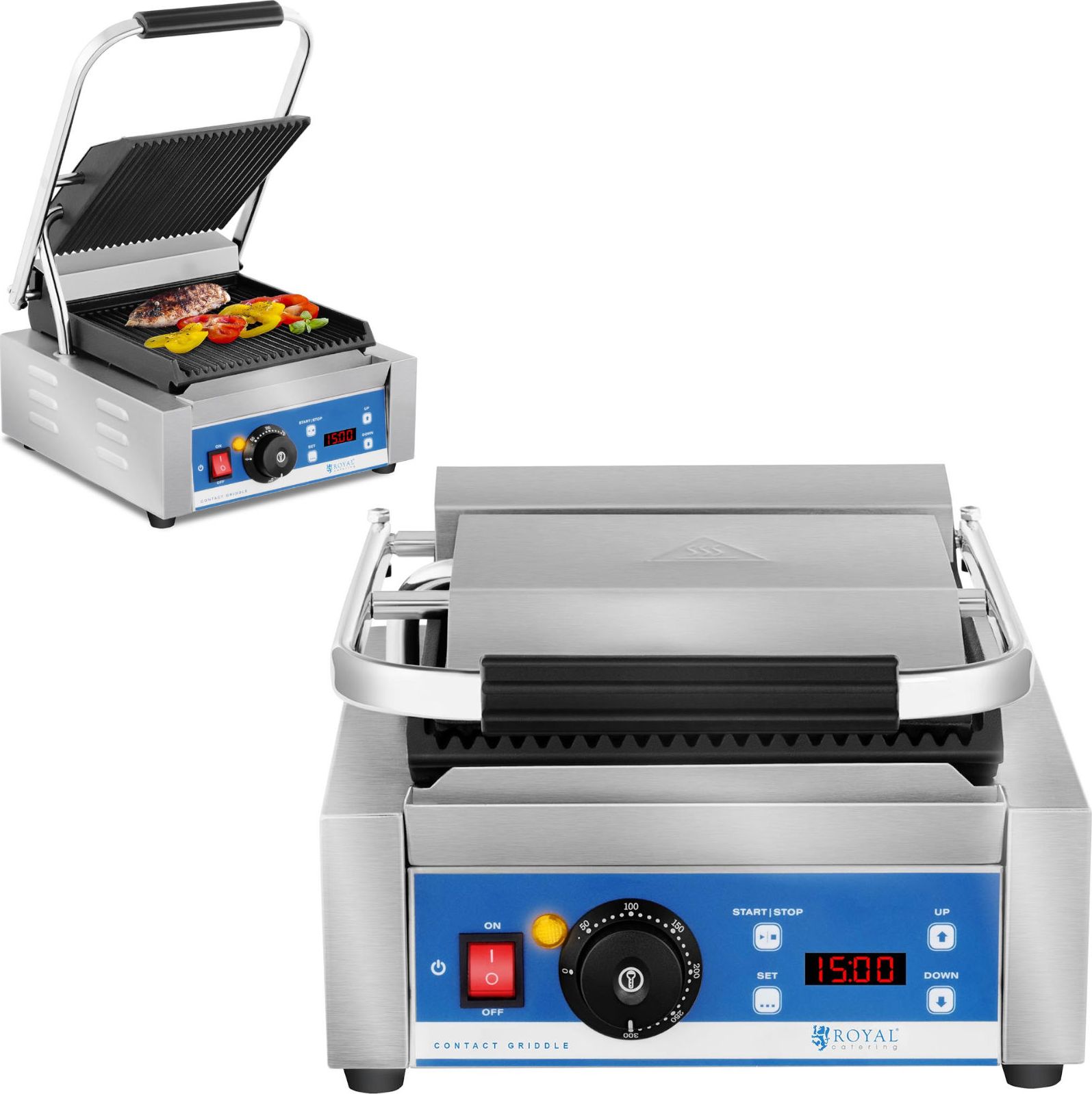 Royal Catering Kontakt grill elektryczny kontaktowy z wyświetlaczem LED żeliwne płyty 1800W Kontakt grill elektryczny kontaktowy z wyświetlaczem LED ż