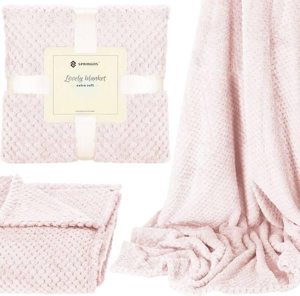 Springos Narzuta na łóżko, pled 200x220cm tłoczony, dwustronny koc na kanapę różowy UNIWERSALNY