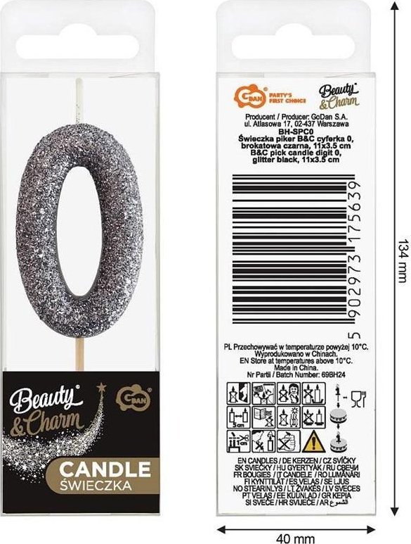 Świeczka piker 0 czarna brokatowa 11x3.5 cm