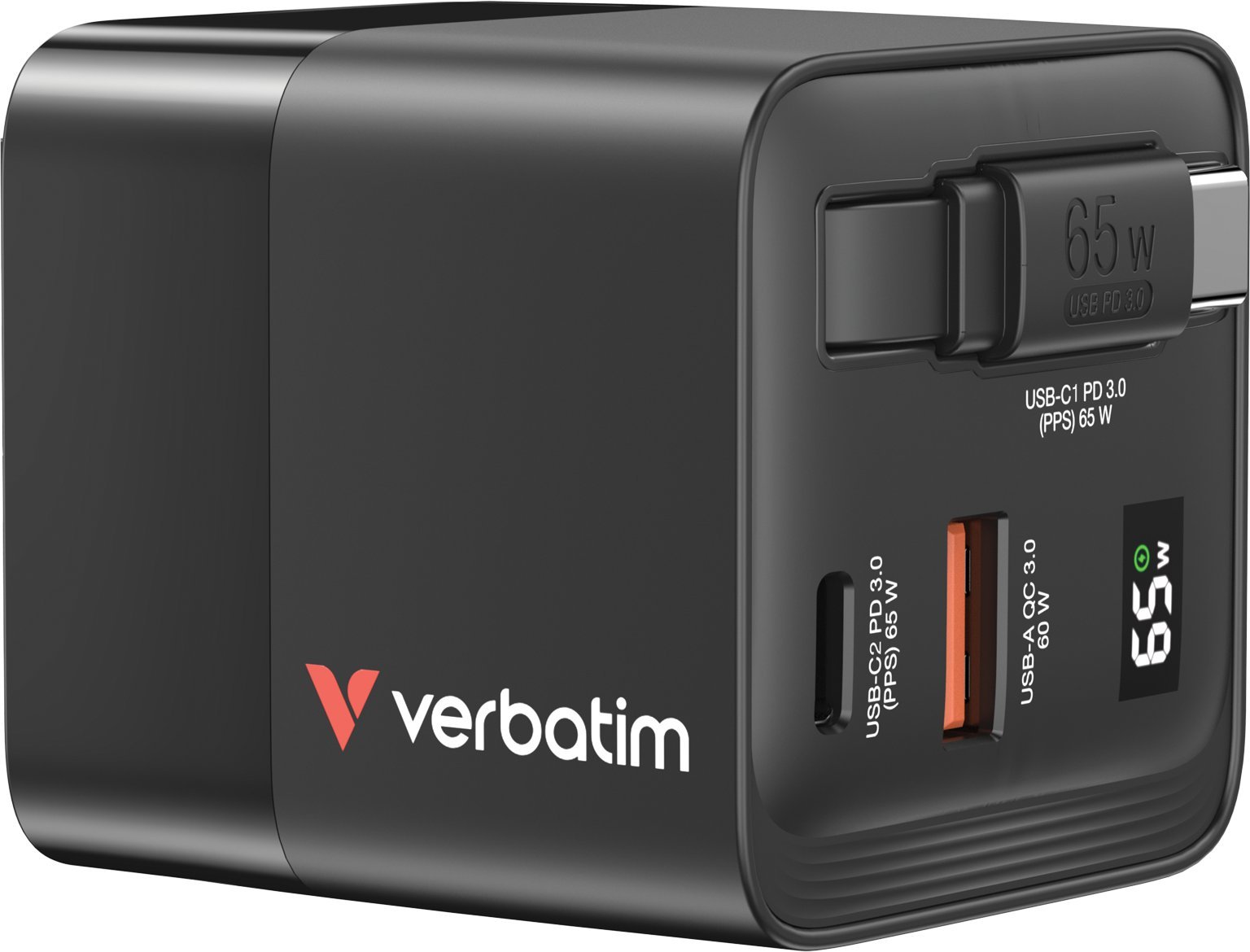 Verbatim, �adowarka GaN USB 3.0, USB C, szara, 65 W, wymienne wtyczki C, G, A, ze zintegrowanym kablem