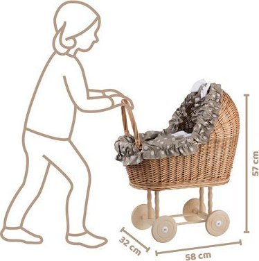 WickerPL LULU WIKLINOWY WÓZEK DLA LALEK Z POŚCIELĄ 55X30 H67 CM
