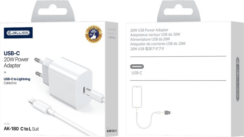 Ładowarka Jellico JELLICO ładowarka sieciowa AK180 PD 20W 1xUSB-C + kabel USB-C - Lightning Biały standard