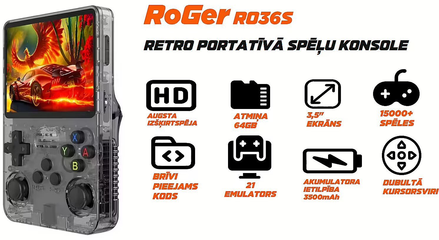 RoGer RO36S HD 3.5" Retro Handheld Game Console 64GB / 21 emulator / 15000+ games