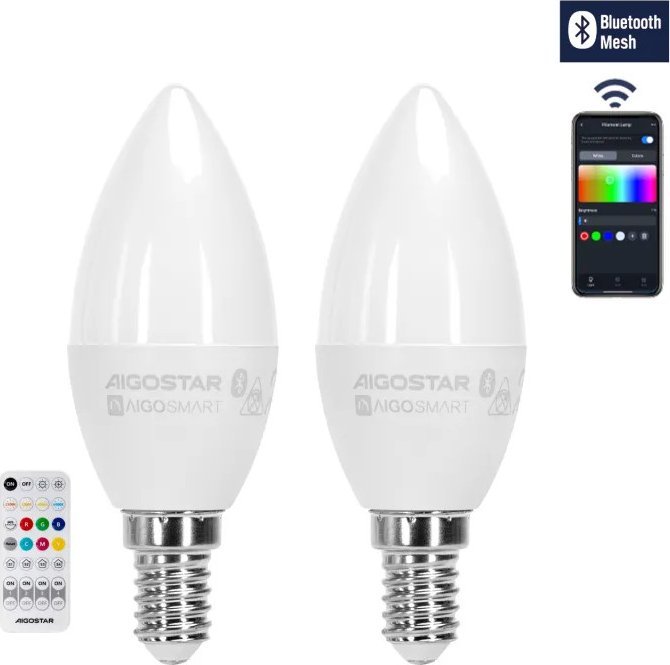Aigostar Żarówka diodowa Bluetooth MESH C37 E14 6,5W RGB+CCT 2 szt. Żarówka diodowa Bluetooth MESH C37 E14 6,5W RGB+CCT 2 szt.
