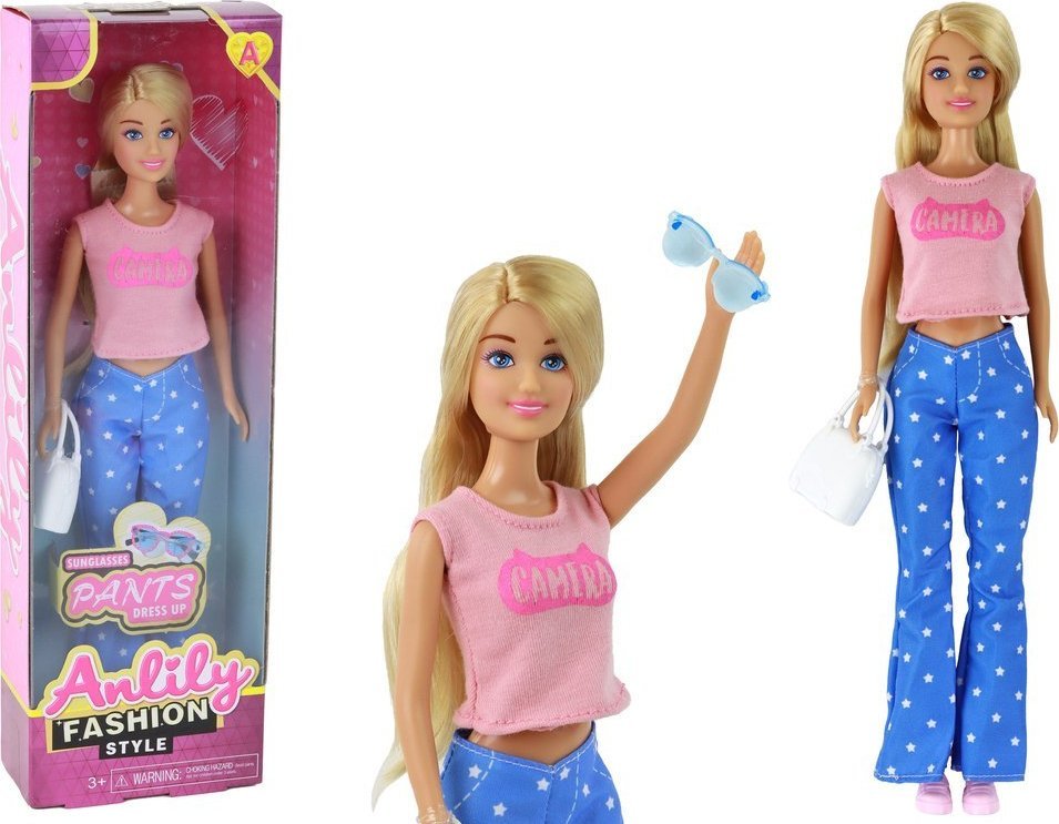 LeanToys Lalka Dla Dzieci Anlily Długie Blond Włosy Torebka Okulary Różowa Bluzka