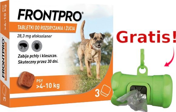 Frontline Frontpro tabletki na pchły i kleszcze M 28,3mg 4-10kg x 3tabl + Frontline Dozownik na woreczki GRATIS!