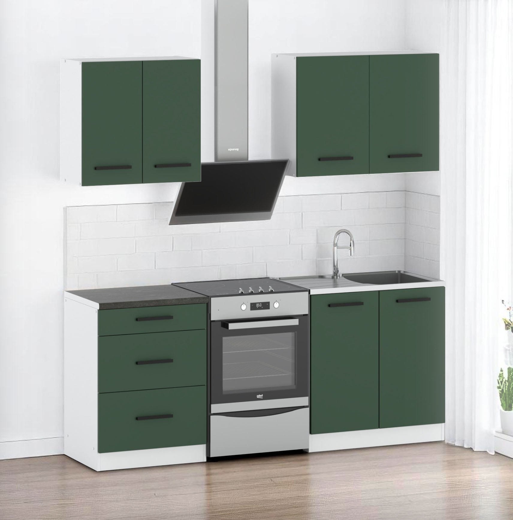 Meble Kuchenne Nowoczesne Modułowe Z Blatem Białe Butelkowa Zieleń 2.0m