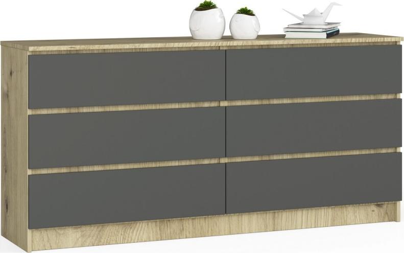 Fabryka Mebli Akord Komoda do salonu K 160 cm 6 szuflad - dąb artisan-grafit szary