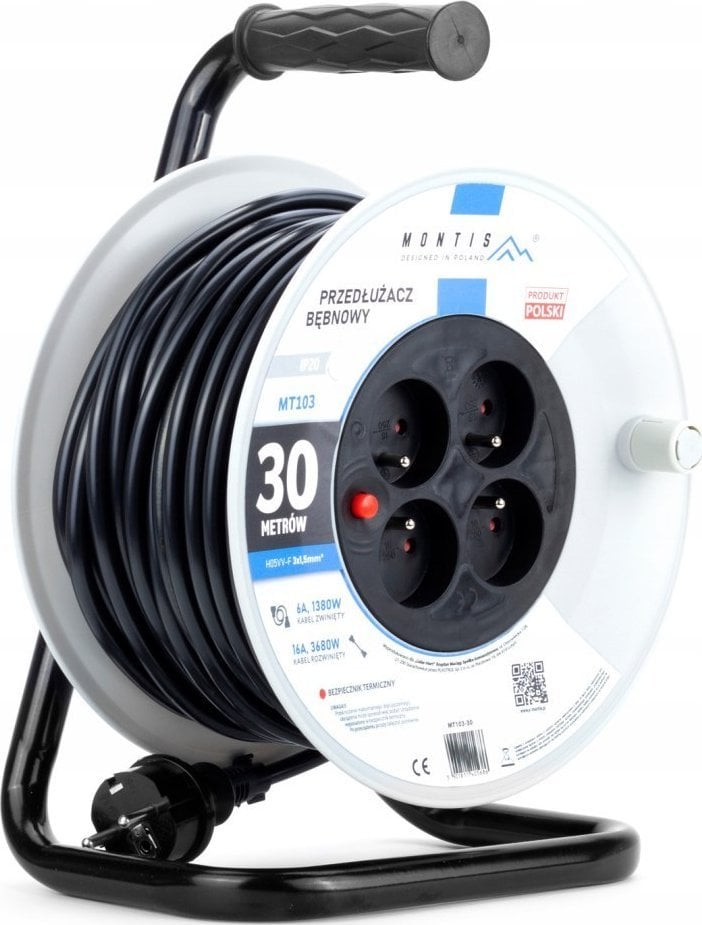 Montis Przedłużacz bębnowy MT103-30 4x2p+Z IP20 16A 3x1,5 30m Montis czarny