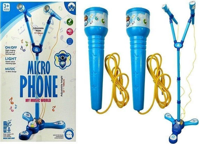 LeanToys Mikrofony + statyw zestaw karaoke niebieski