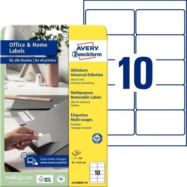 AVERY Zweckform Etykiety uniwersalne 96 x 50,8 mm biały wielokrotnie usuwalny z brzegiem dookoła certyfikowany FSC 1 sztuka (L4744REV-10)
