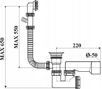 Syfon AKCES 19983 SYFON WANNOWY, SITKO NIERDZEW., POD. DO PRAL/ZMYW., FI 40/50, KOREK PCV // SW+PCV-A