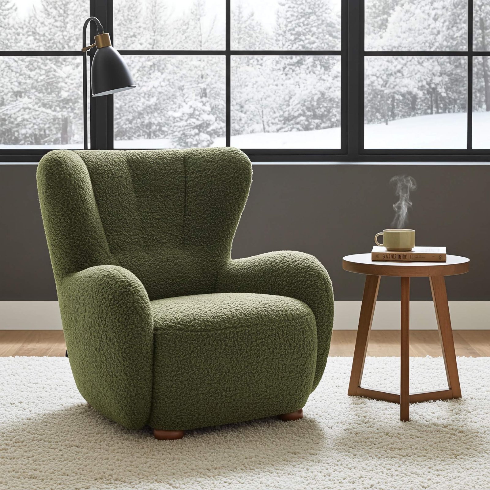 Fotel tapicerowany uszak FILO Rolf 14 Oliwkowy Zielony Boucl nóżki do wyboru