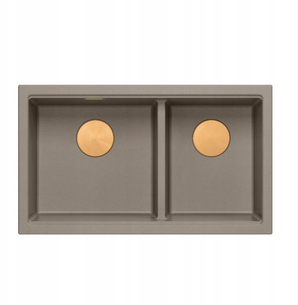 QUADRON | LOGAN 120 | granitowy zlewozmywak kuchenny SOFT TAUPE + MIEDŹ PVD | wymiar: 76 x 45 x 23,5 cm | 2-komorowy podwieszany | podbudowa szafki od