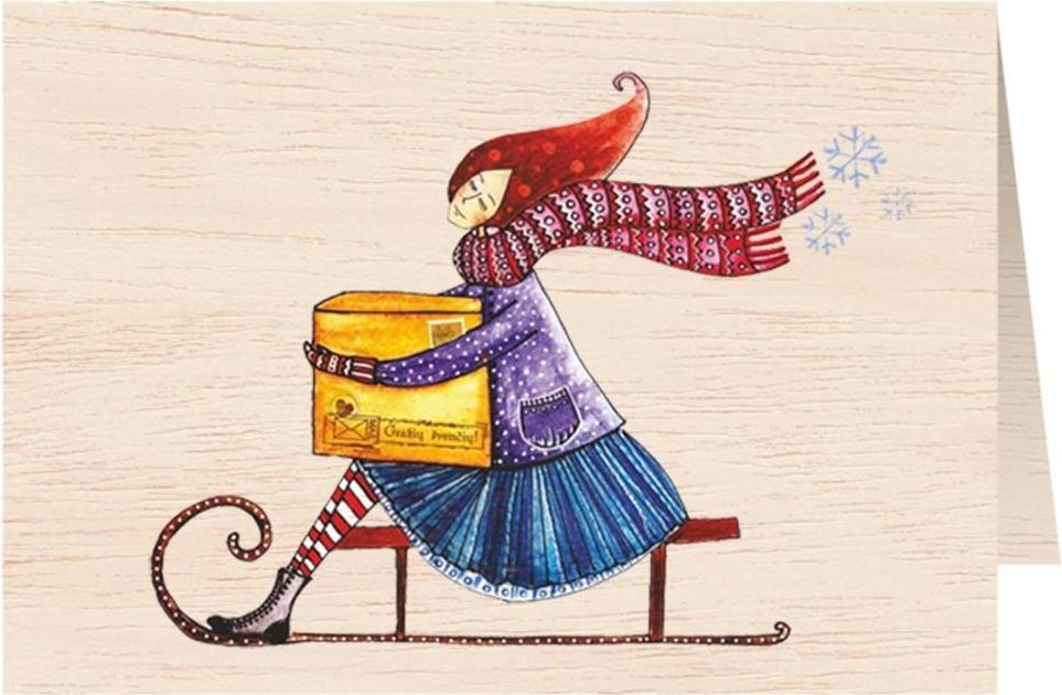 Cozywood Karnet drewniany C6 + koperta. Święta, Kobieta, Sanki