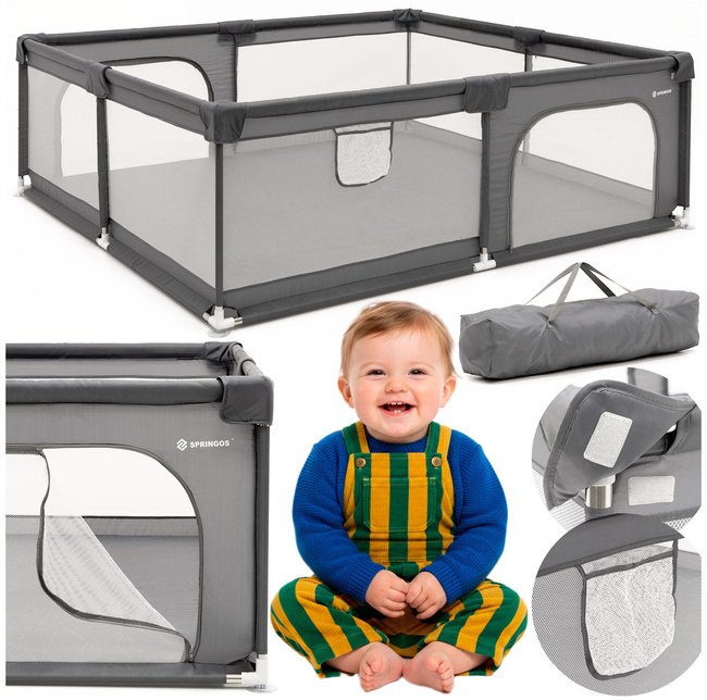 Springos Kojec dla dzieci, z zamkiem 180x150x66 cm, plac zabaw, ochronny, szary UNIWERSALNY