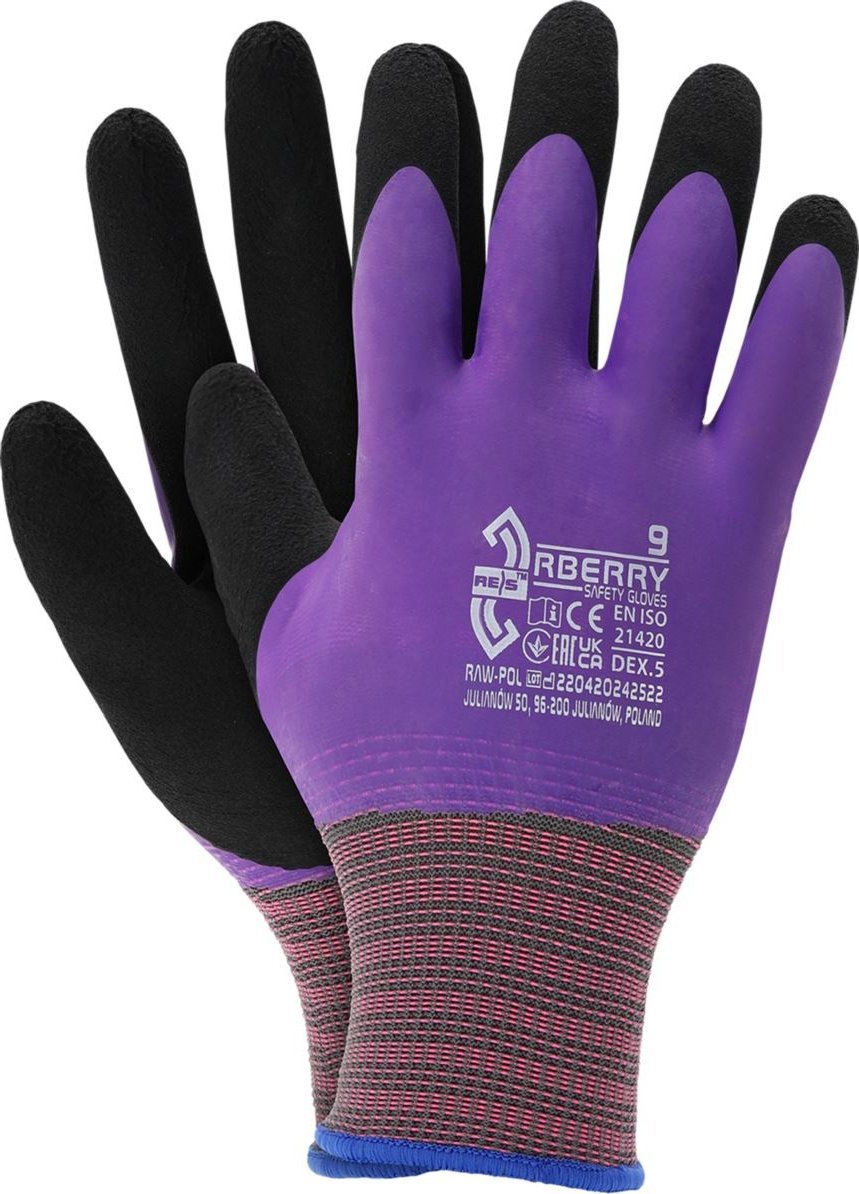 R.E.I.S. RBERRY - Rękawice ochronne damskie dzianina 100% poliester (ścieg 13) wierzch lateks smooth chwyt lateks FOAM ściągacz 7