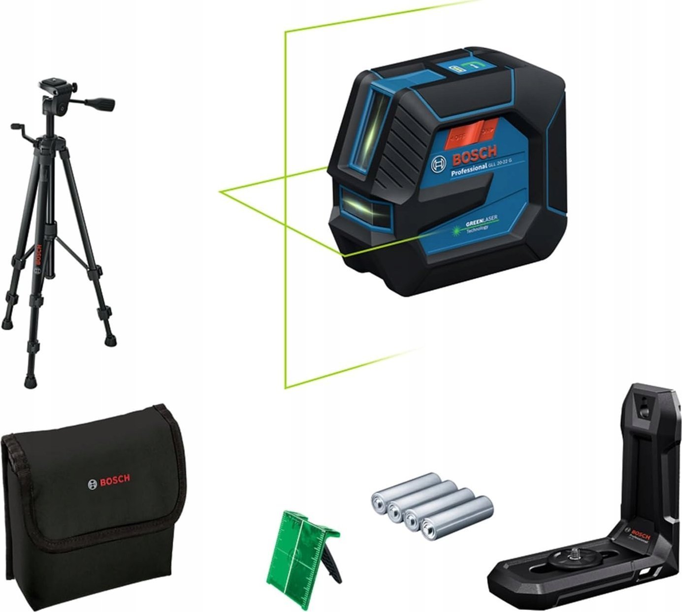 BOSCH. CROSS LASER GLL 20-22 G GREEN + HOLDER LB 10 + TRIPOD BT 150