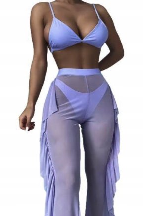 Zestaw bikini fioletowy strój dwuczęściowy spodnie z falbankami na lato S