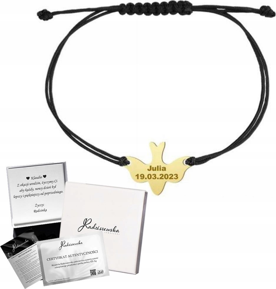 Radziszewska Jewellery Bransoletka Pozłacana Gołębica Sznurek Prezent 925 GRAWER GRATIS