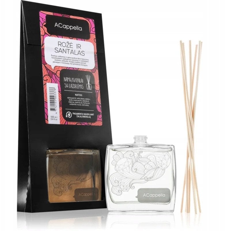 Namų kvapas su lazdelėmis ACappella Rožė ir santalas, 100 ml