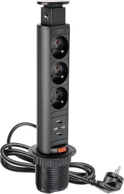 GTV Biurkowy przedłużacz wpuszczany 60mm czarny 3 x gniazda z uziemieniem 2 x USB 2,1A 5V 1,5m (AE-BPW3U60U-20)