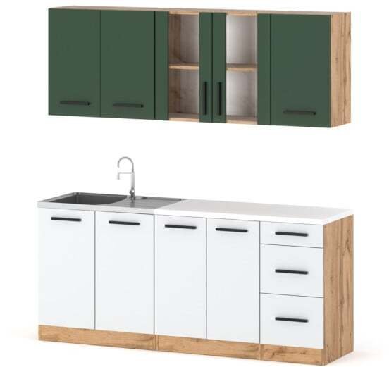 Meble Kuchenne Modułowe Rest Z Blatem 2.0m Wotan Butelkowa Zieleń Biały Mat