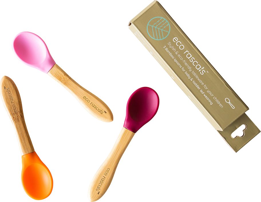 ECO RASCALS ECORASCALS Zestaw łyżeczek bambusowa z silikonową nakładką 3 SZT MIX (czerwona, różowa, pomarańczowa)