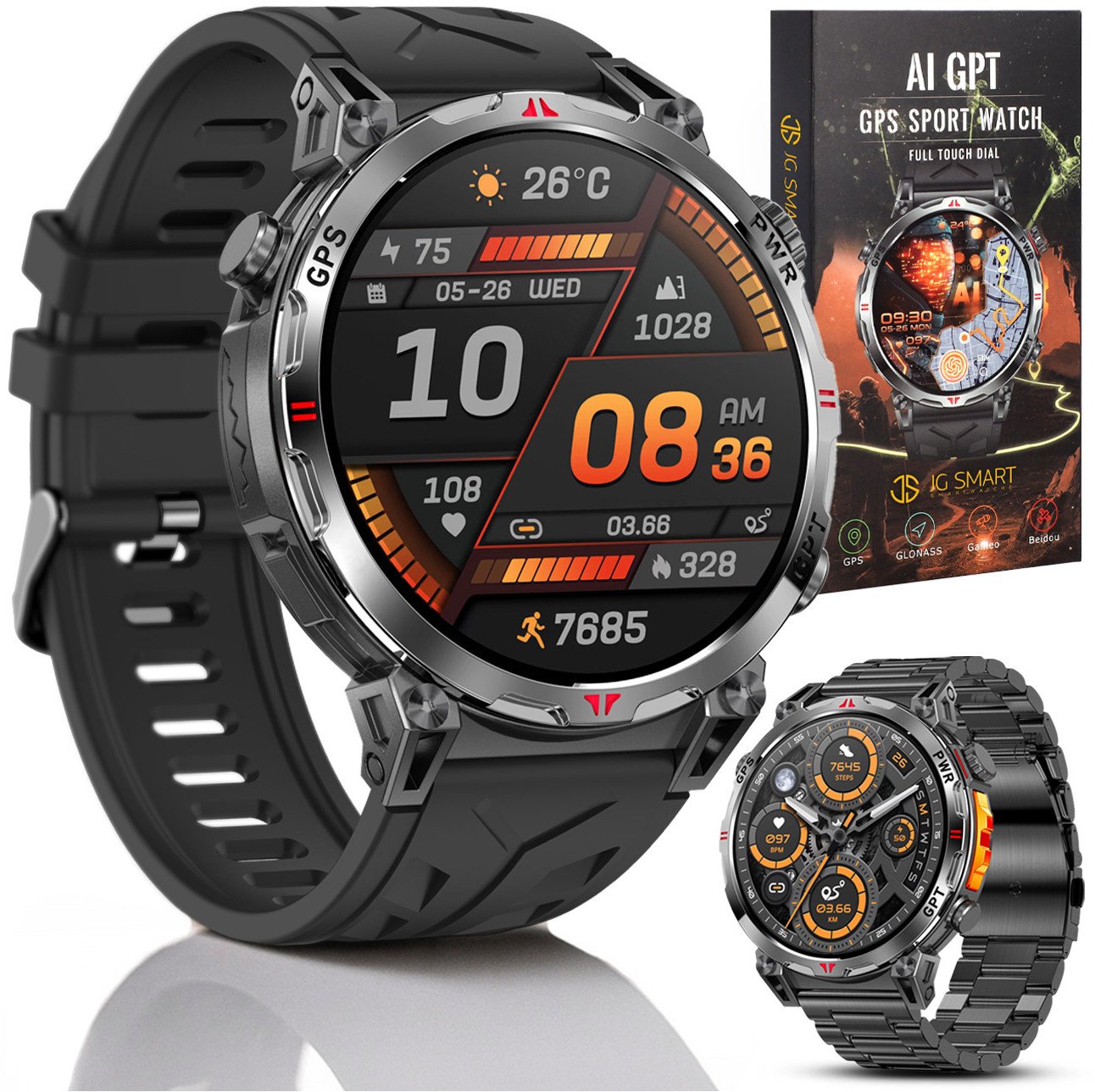 SMARTWATCH MĘSKI ZEGAREK CHAT GPT GPS ROZMOWY SPORT 650mAh 2 paski MENU POL