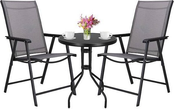 Springos Meble tarasowe stolik kawowy ze szkła hartowanego, krzesła metalowe 2 szt. czarno-szare UNIWERSALNY