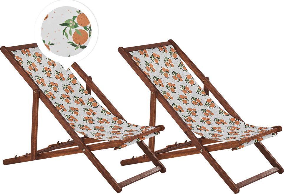 Beliani Zestaw 2 leżaków ogrodowych ciemne drewno akacjowe wzór w pomarańcze ANZIO