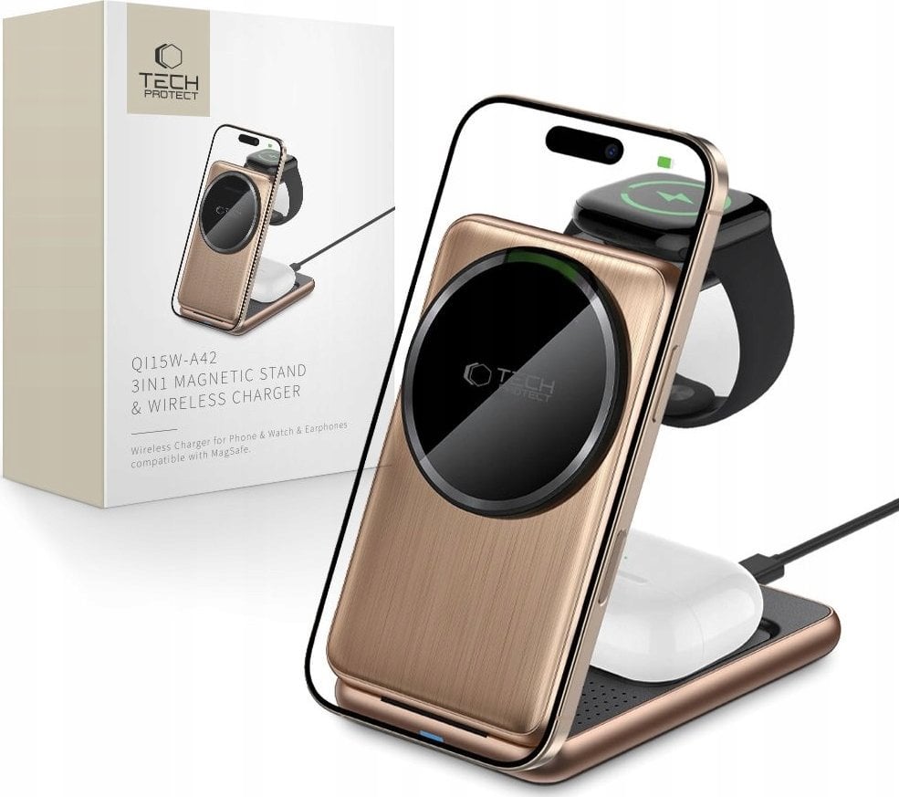 Ładowarka bezprzewodowa Tech-Protect QI15W-A42 3in1 Magnetic MagSafe Wireless Charger Desert Gold