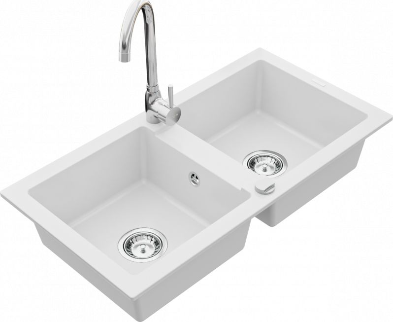 Zlewozmywak Mexen Mario granitowy 2-komorowy z baterią kuchenną Telma, biały - 6504-20-670200-00