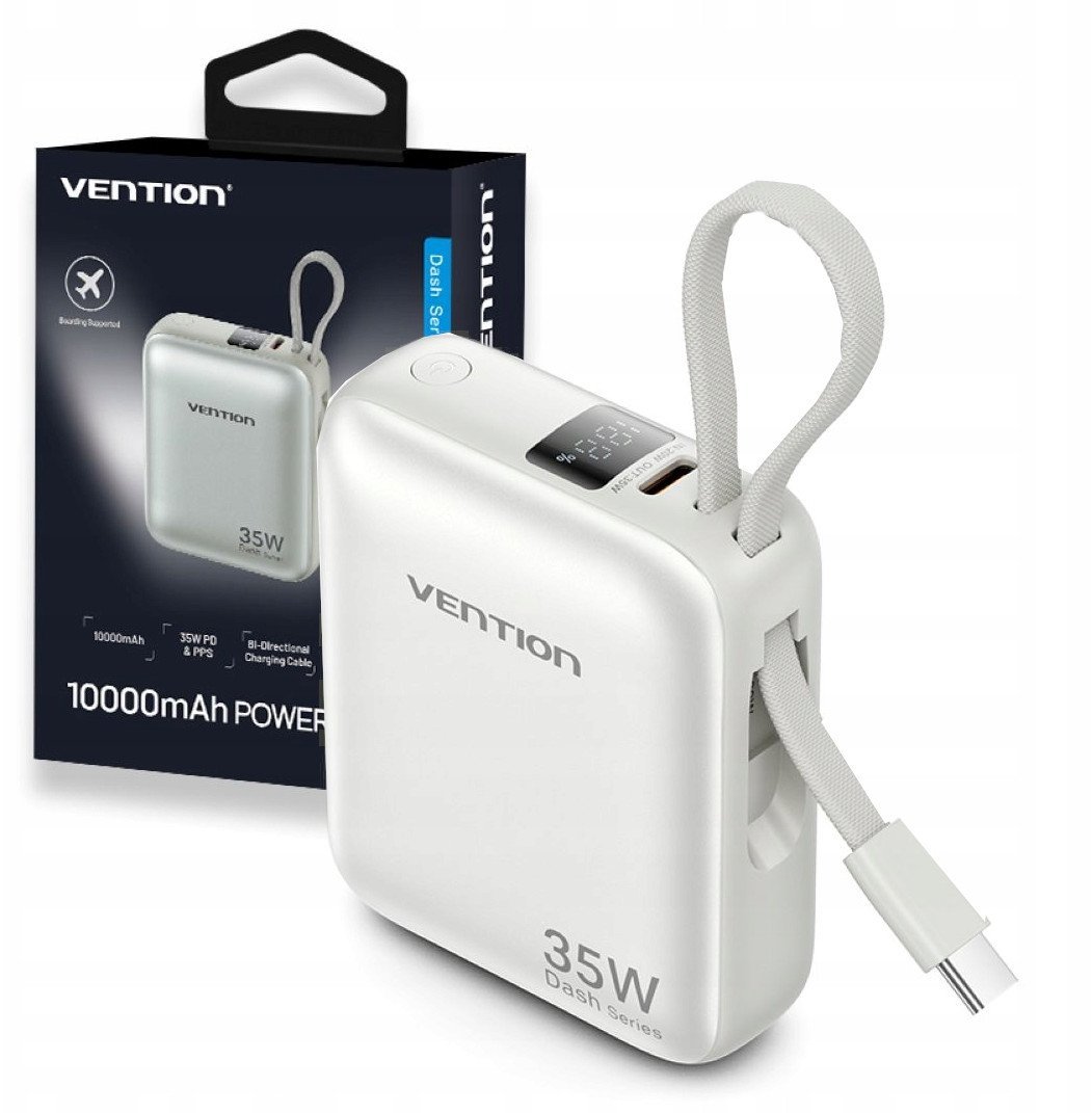 Vention 10000mAh 35W PD z wbudowanym kablem USB-C beżowy