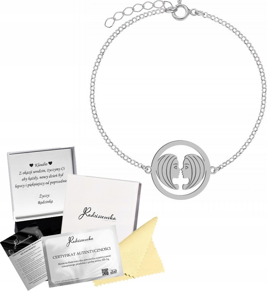 Radziszewska Jewellery Bransoletka Srebrna Znak Zodiaku Bliźnięta Prezent Łańcuszek 925 GRAWER