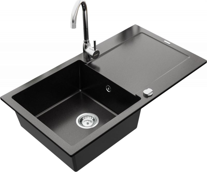 Zlewozmywak Mexen Leo granitowy 1-komorowy z ociekaczem i baterią kuchenną Telma, czarny - 6501-77-670200-00
