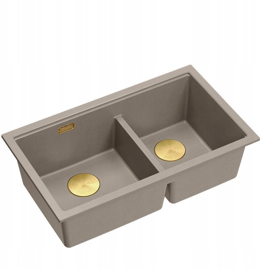 QUADRON | LOGAN 120 | granitowy zlewozmywak kuchenny SOFT TAUPE + ZŁOTO PVD | wymiar: 76 x 45 x 23,5 cm | 2-komorowy wpuszczany | podbudowa szafki od: