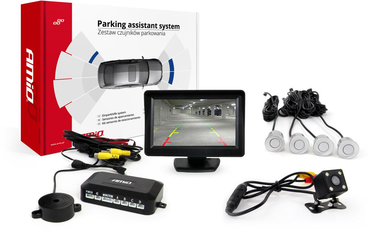 AMiO Zestaw czujników parkowania TFT01 4,3" z kamerą HD-315-LED 4 sensory srebrne