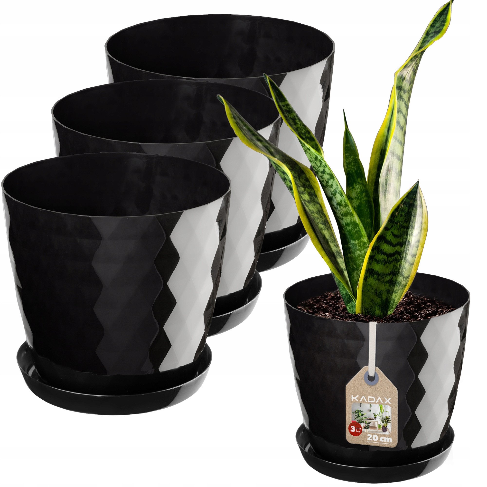 KADAX 3x Doniczka 20cm Osłonka + Podstawka Czarna