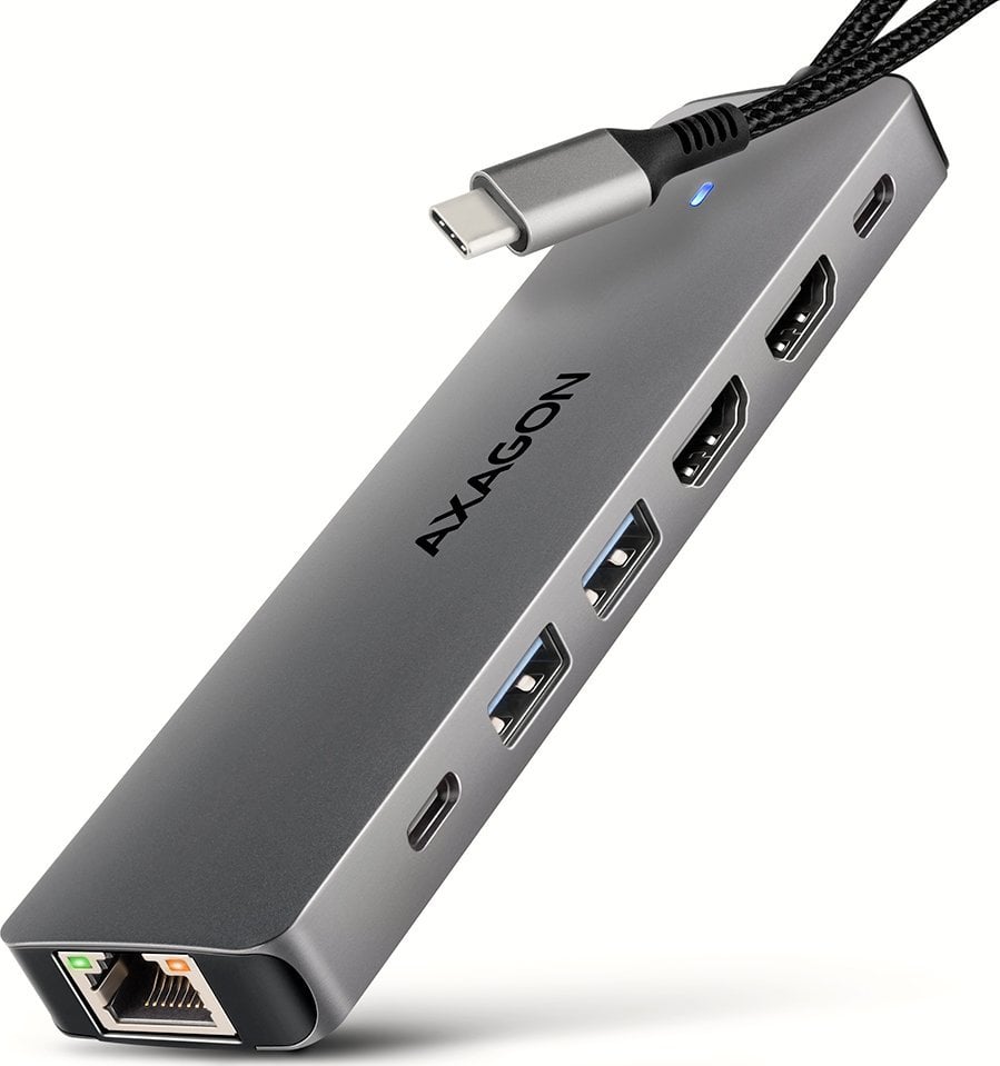 ML AXAGON HMC-7HX2 Wieloportovy hub USB 7in1, 5Gbps, 2x USB-A, 1x USB-C, 2x HDMI 4K/60Hz, GLAN, PD 100W, 15cm USB-C kabel