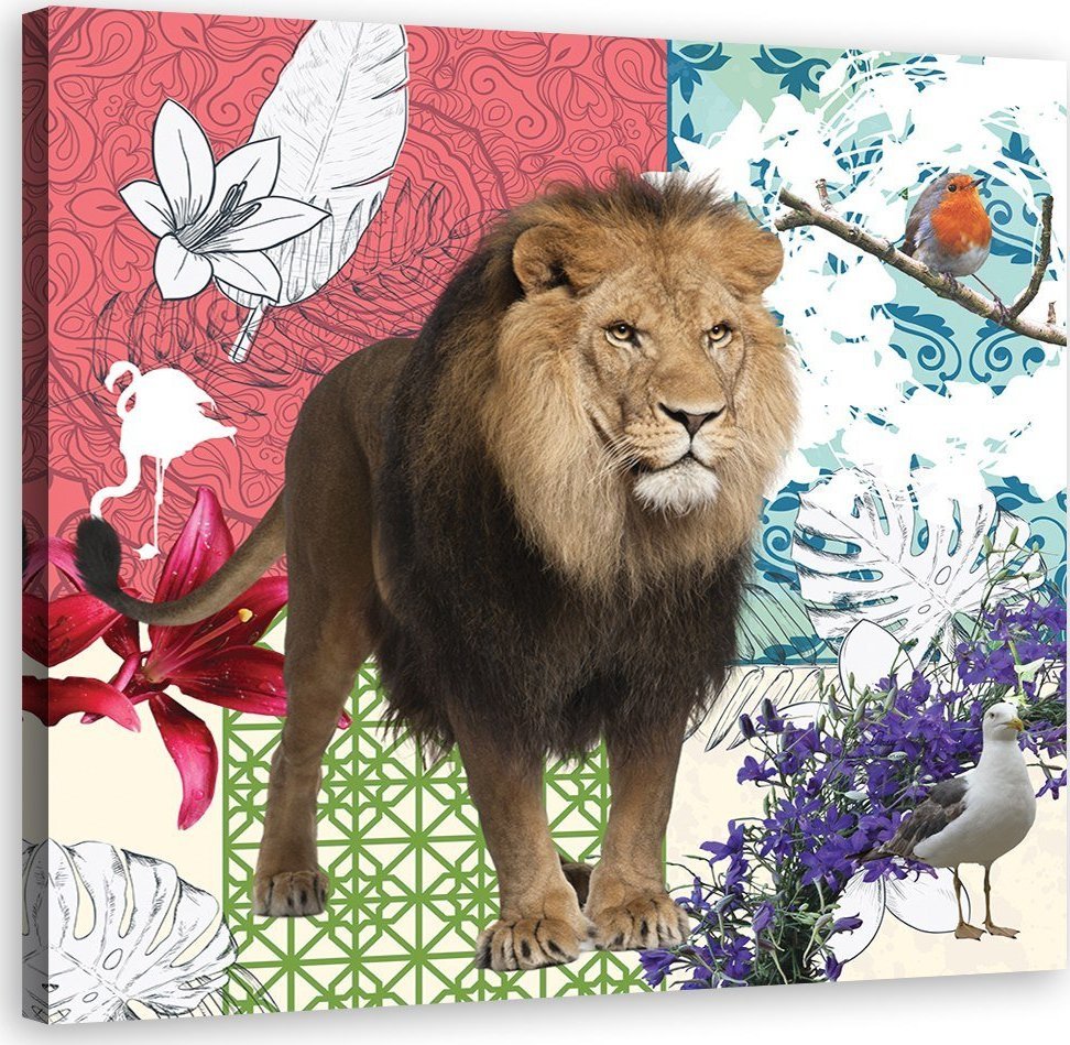 Feeby Obraz na płótnie, Lew i ptaki kolaż - 50x50
