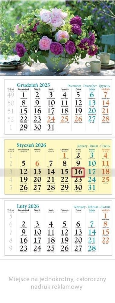 Kalendarz 2026 ścienny trójdzielny Kwiaty