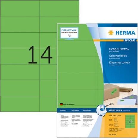 Herma Kolorowe etykiety A4, 105 x 42,3 mm, zielony, trwała przyczepność - 4559
