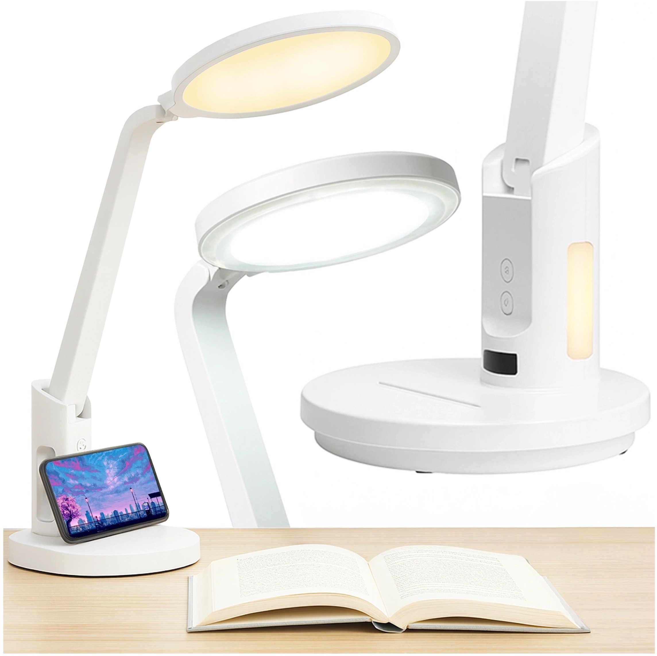 Lampka biurkowa nocna LED - akumulator 6000 mAh, regulacja światła i trybów, miejsce na telefon, stabilna, idealna do nauki i pr