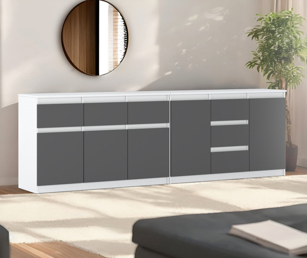 Komoda Z 6 Szufladami 240cm Szafka Nowoczesna Do Sypialni Biała Szara Mat